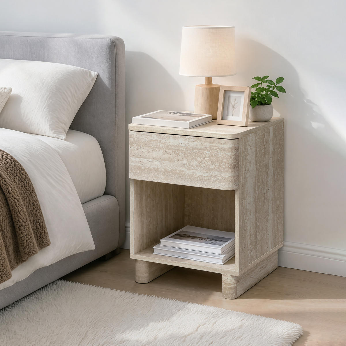 NACHTTISCH in Travertin-Optik | B53 x T45 x H50 cm - Beige, Holzwerkstoff (40/54/40cm) - Hometopia