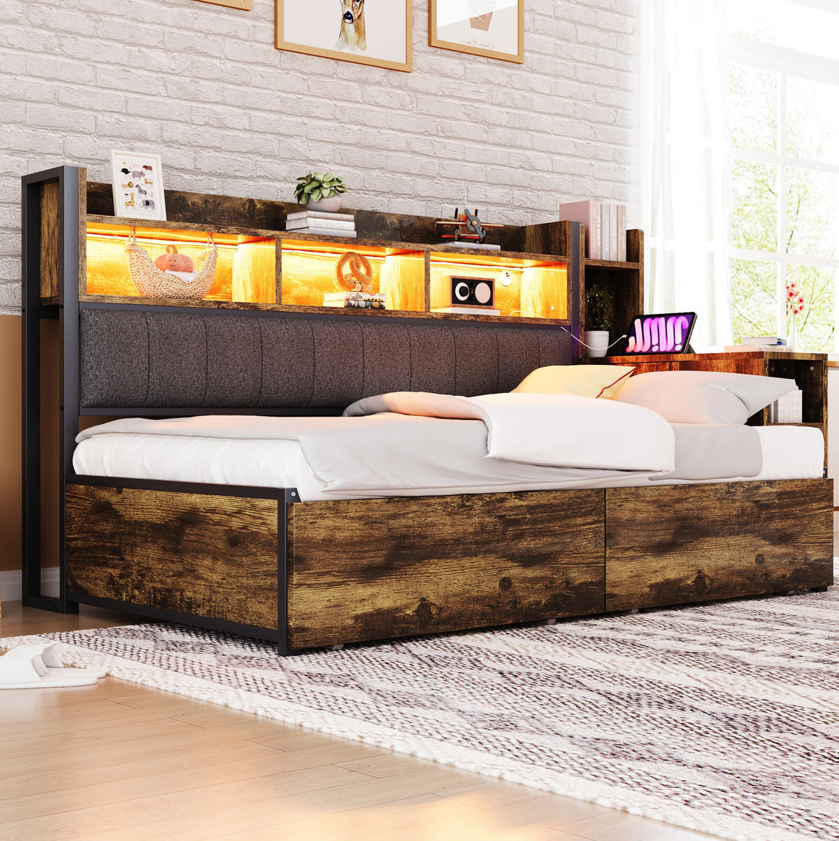 MULTIFUNKTIONSBETT 90/200 cm mit Schreibtisch und Stauraum Holzfarbe aus Metall - Naturfarben, Metall (90/200cm) - OKWISH