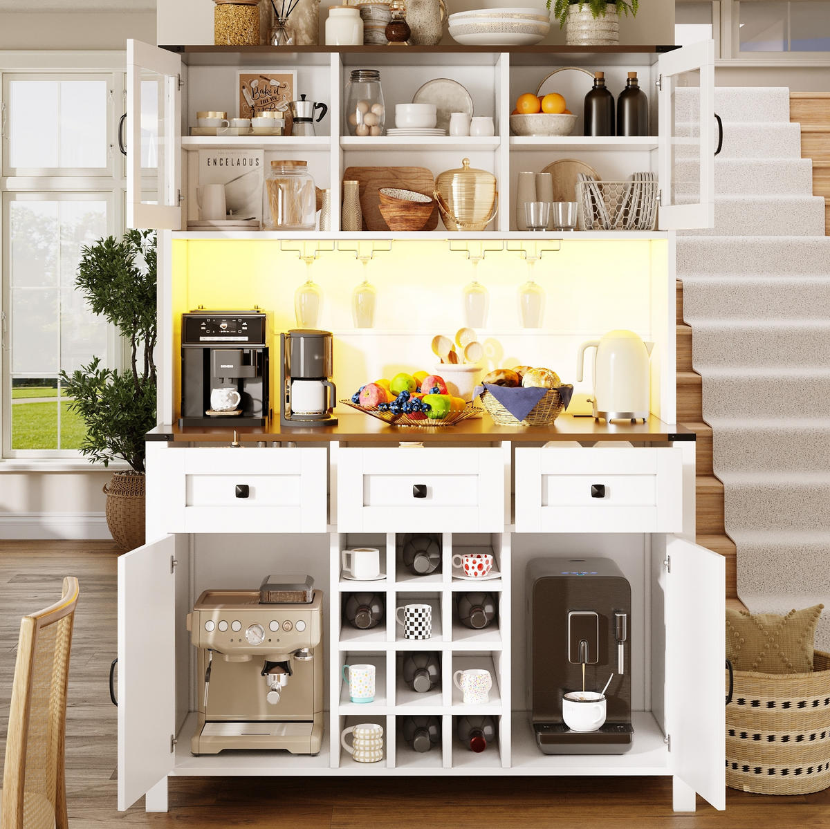 HOCHSCHRANK 120/40/170 cm mit LED-Beleuchtung, Steckdosenleiste, USB und Weinglashalter aus MDF und Glas, Weiß - Weiß, Holzwerkstoff (120/170/40cm) - Redom