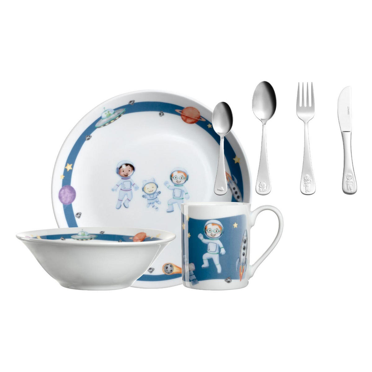 KINDERGESCHIRR SET MIT BESTECK BAMBINI AVVENTURA Weltall - Blau, Keramik/Kunststoff (1/1/1cm) - Leonardo Living