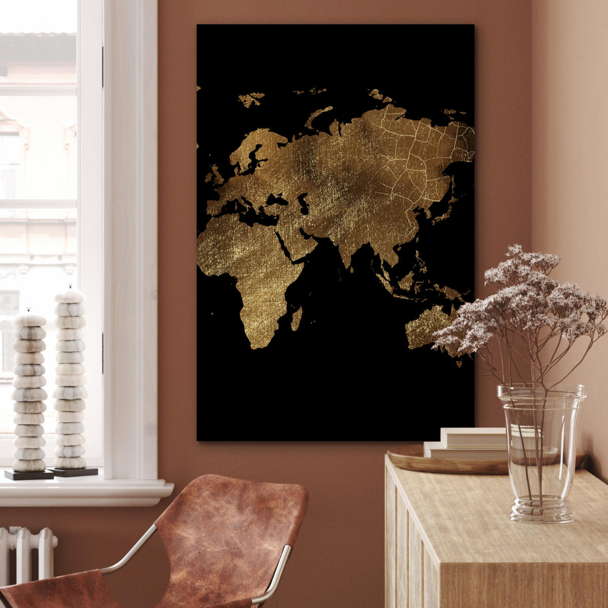 METALLBILD Weltkarte - Gold - Luxus - Erde - Schwarz 60x90 cm - Goldfarben, Metall (60/90cm) - MuchoWow