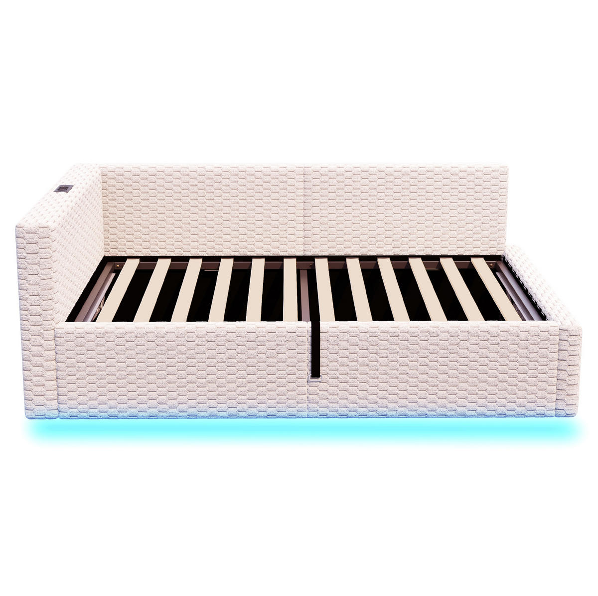 POLSTERBETT 90/200 cm aus Samt mit LED, USB-/Typ-C-Anschluss und hydraulischem Bettkasten, Beige - Beige, Holzwerkstoff (90/200cm) - Redom