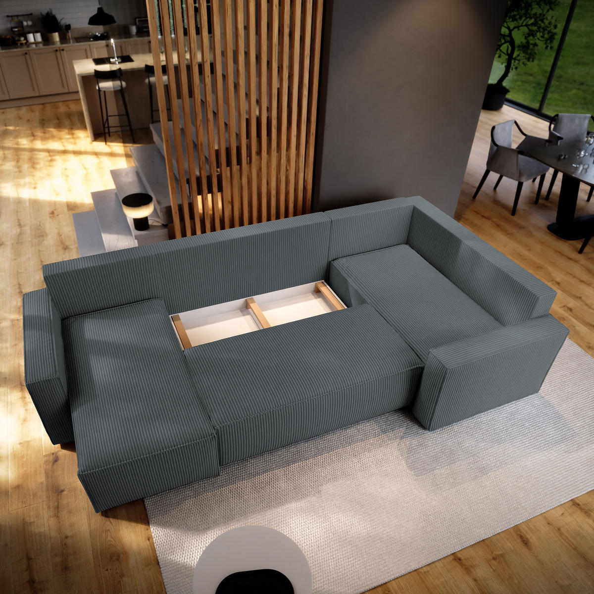 WOHNLANDSCHAFT NORENA R-S Grau Kordstoff mit Schlaffunktion - Grau, Holz (295/85/157.5cm) - MASSENO