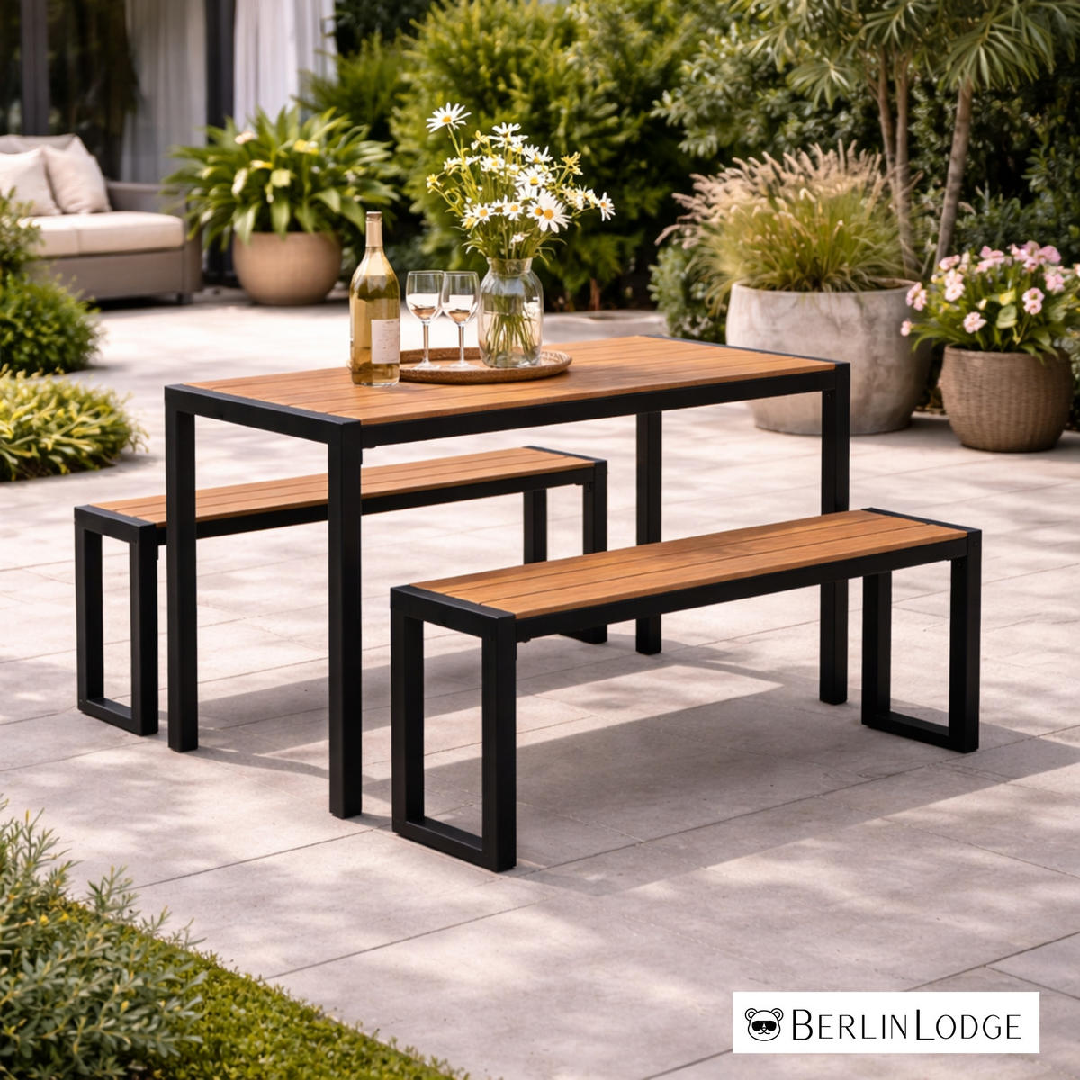 BIERZELTGARNITUR MALLORCA 3-teilig 4 Personen 118cm breit Holzoptik - Schwarz/Braun, Kunststoff/Metall - BERLINLODGE