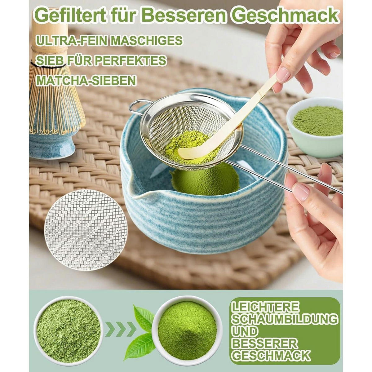 MATCHA Set 7-teilig Keramik Schale Bambus Besen Vintage Blau - Blau, Keramik (15/10/15cm)