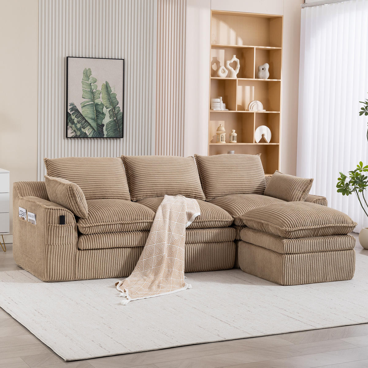 3-STIZER Sofa 263/167/85 cm mit Hocker, Cordbezug, Seitentaschen und Federkern, Khaki - Beige, Textil (263/85/167cm) - Redom