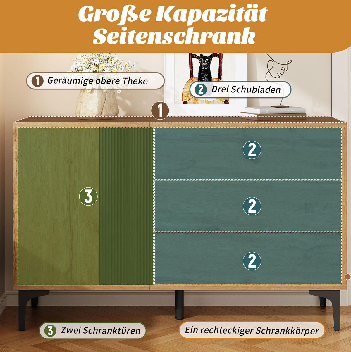 SIDEBOARD 120/35/76 cm aus Holzwerkstoff mit Schranktür, 3 Schubladen und Metallfüßen, Schwarz/Natur - Schwarz, Holzwerkstoff (120/76/35cm) - Redom