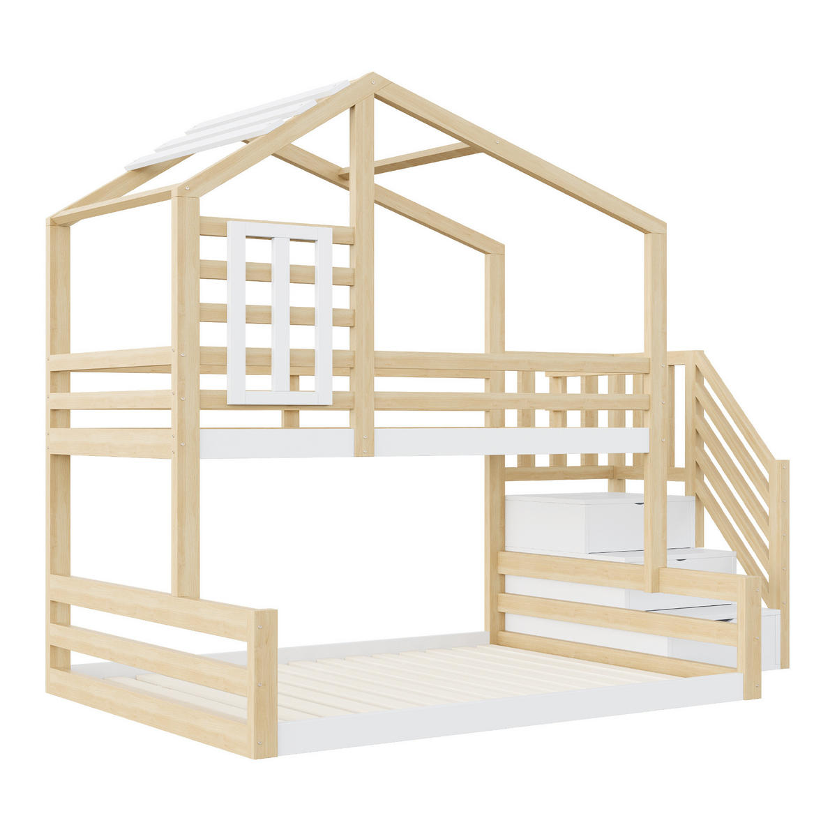 ETAGENBETT 90/200 & 140/200 cm mit Hausdesign, Fenster, Stauraumtreppe und Rundumgeländer aus Kiefer , Natur - Naturfarben, Holzwerkstoff (90/200cm) - Redom