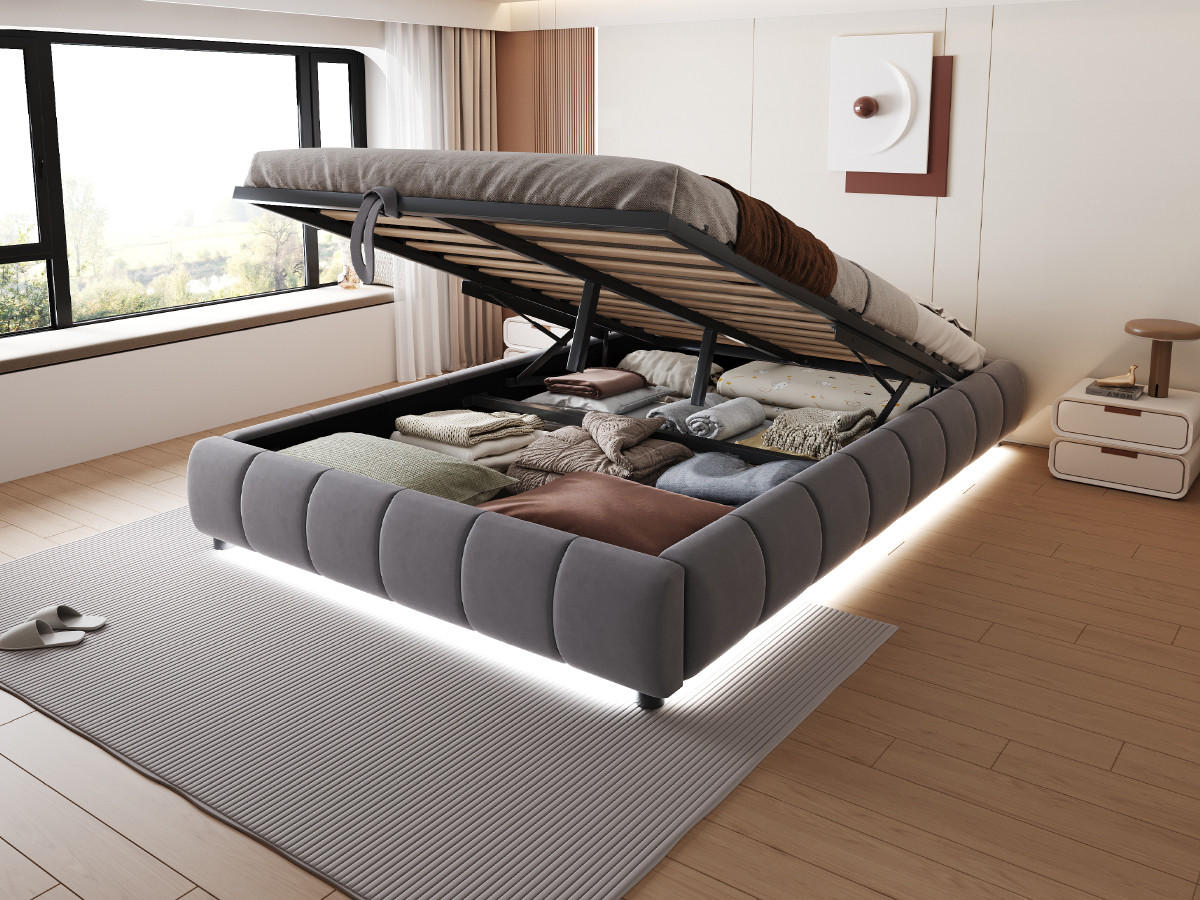 POLSTERBETT 140x200 cm ohne Kopfteil, LED, Stauraum, Grau - Grau, Holz (140/200cm)