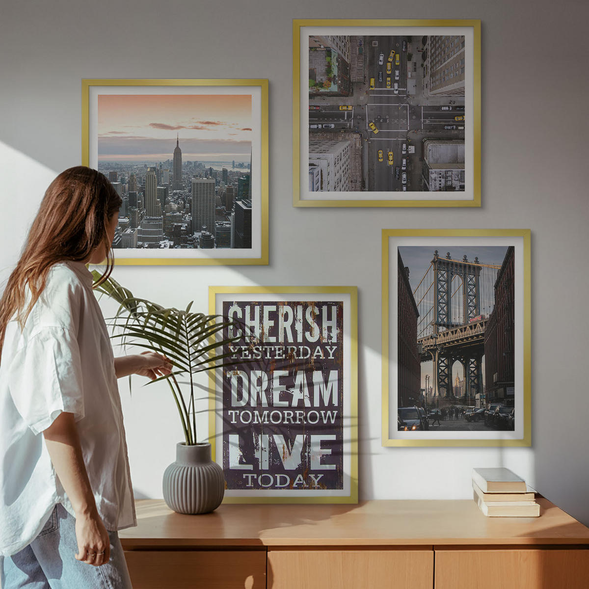WANDBILDER 4er Set - 50x50 cm & 40x60 cm Goldrahmen - Zitat über New Yorker Landschaften - Goldfarben, Kunststoff (50/50cm) - ArtPrintCave