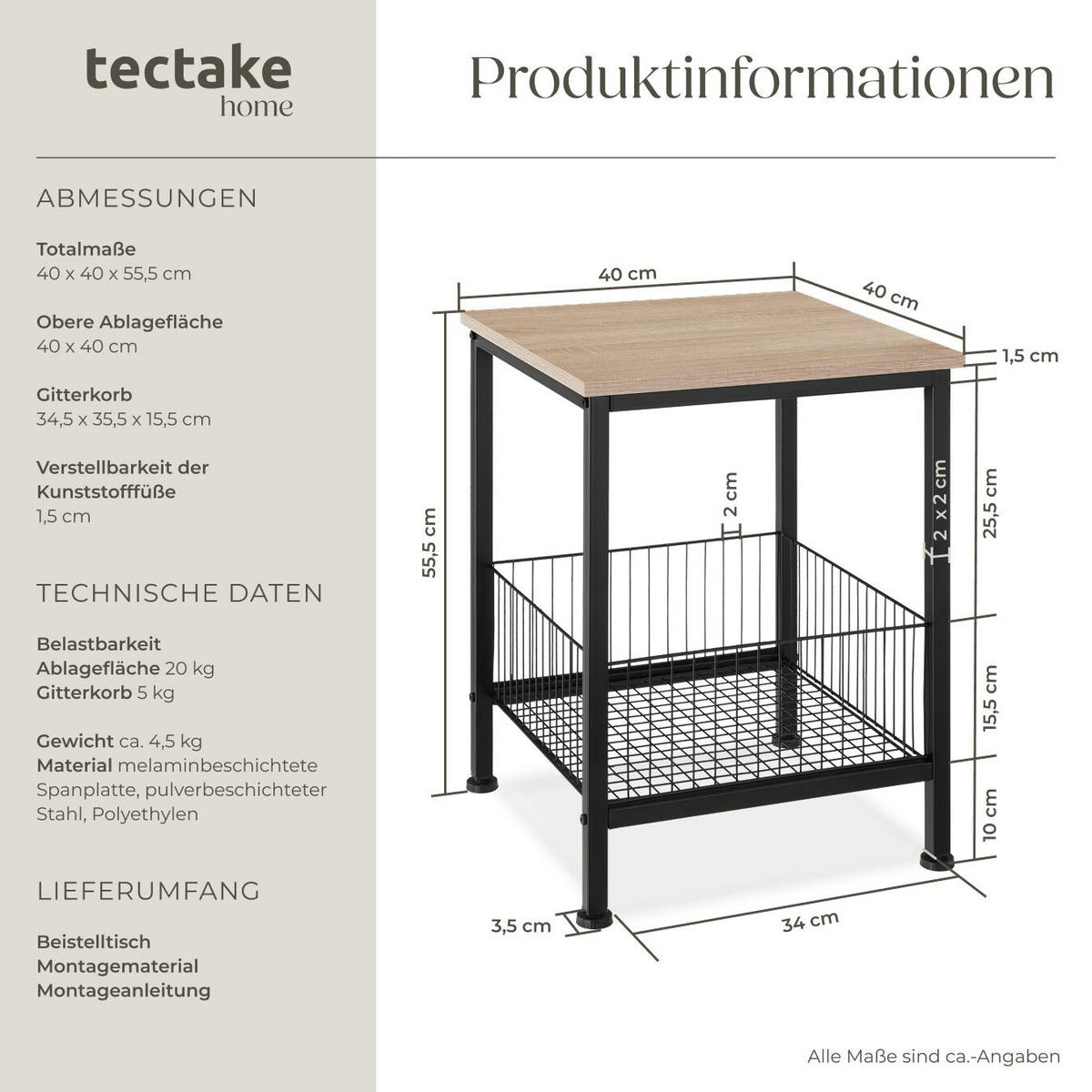 BEISTELLTISCH Grimsby,40 x 40 x 55,5 cm,Industrial Holz hell, Eiche Sonoma - Naturfarben, Holzwerkstoff (40/40/55.5cm) - tectake
