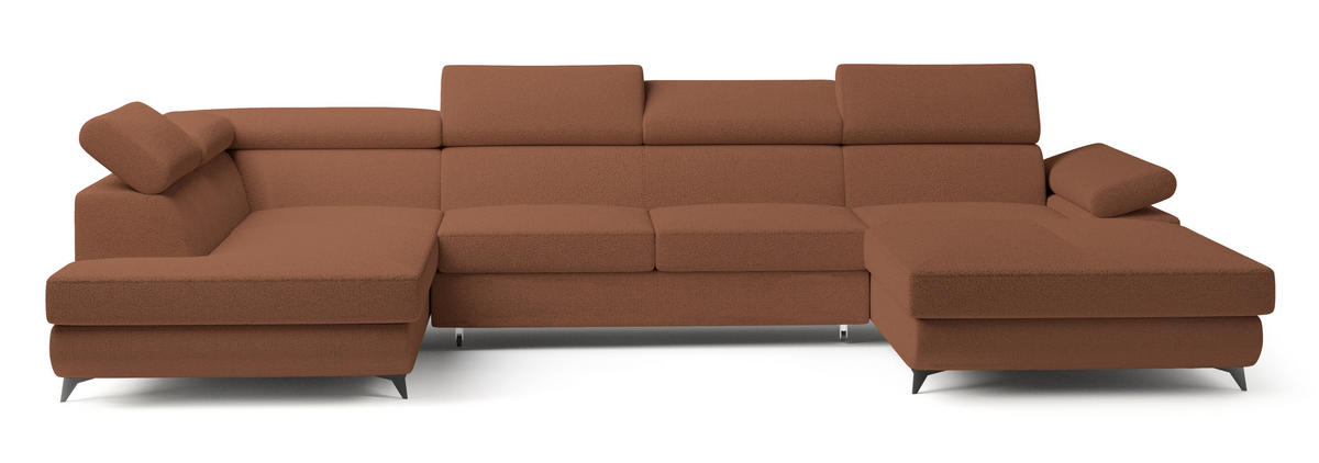 WOHNLANDSCHAFT RUBANO L-S Kupferfarben Boucle-Stoff mit Schlaffunktion - Kupferfarben, Holz (339/89/190cm) - MASSENO