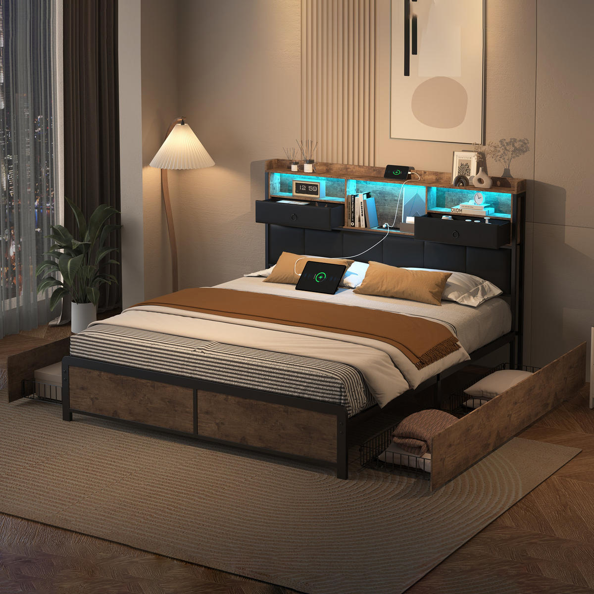 METALLBETT 140x200 cm LED USB 4 Schubladen schwarz - Schwarz, Holz (140/200cm) - LEBENLANG