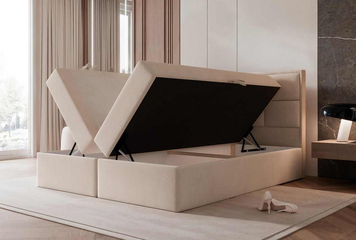 BOXBETT TIOLI 140x200 cm Cremeweiß (Stoff Magic Velvet) - mit Bettkasten, Bonellmatratze und Paneel-Kopfteil - Creme, Holzwerkstoff/Textil (140/200cm) - Ravio