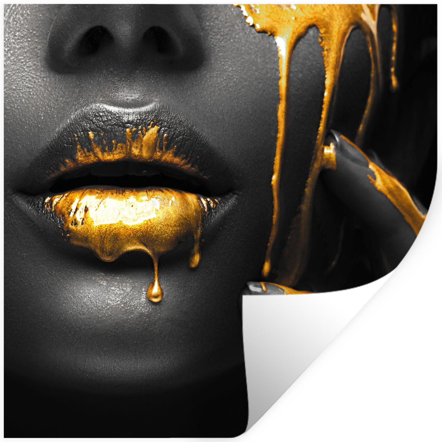 WANDTATTOO Frau - Schwarz - Gold - Gesicht - Lippen 50x50 cm - Goldfarben, Kunststoff (50/50/0.1cm) - MuchoWow