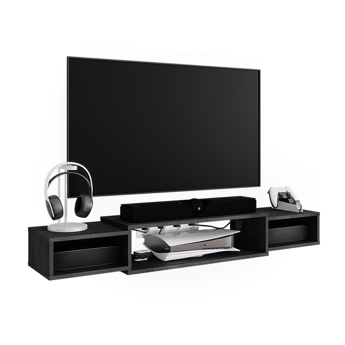 TV-SCHRANK Nordic Schwarz Beton 139.7 x 20.3 cm mit offenen Regalen - Schwarz, Holzwerkstoff (139.7/20.3/29cm) - Vicco