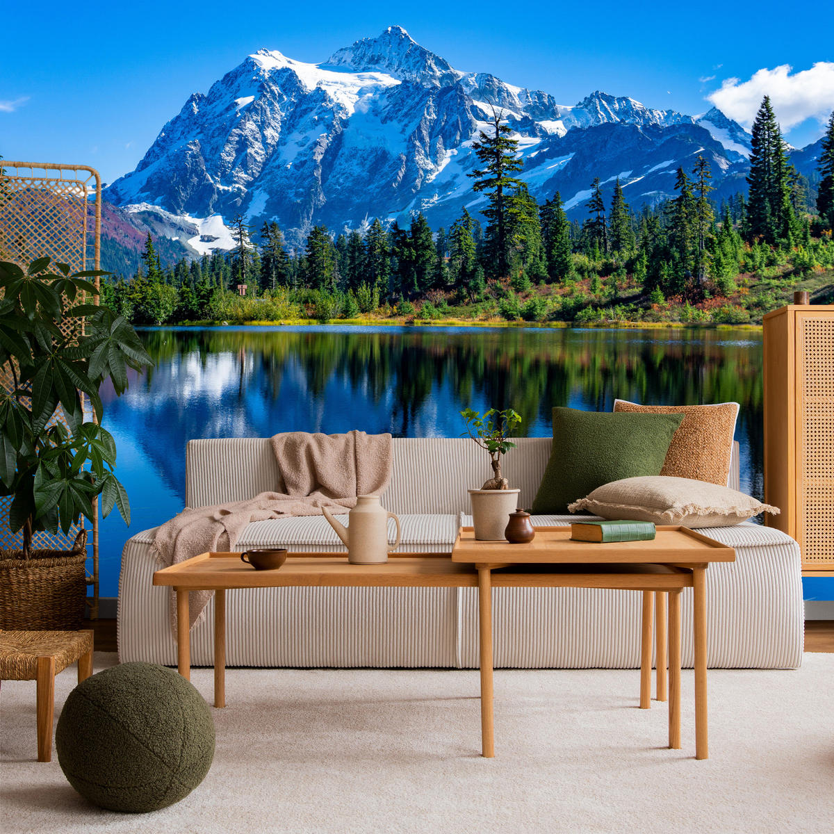 FOTOTAPETE See Berge Wald Landschaft 3D 400x280 - Blau/Beige, Papier (400/280cm) - Muralo