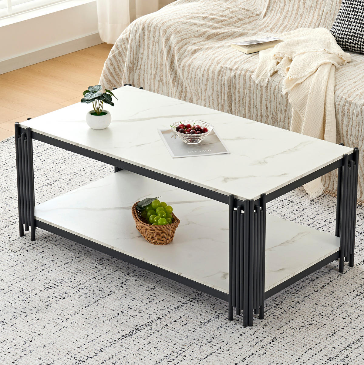 COUCHTISCH aus MDF und Metall 114x63.5x46.3cm in Weiß mit 2 Ablagen - Weiß, Holzwerkstoff (114/63.5/46.3cm) - Modfu