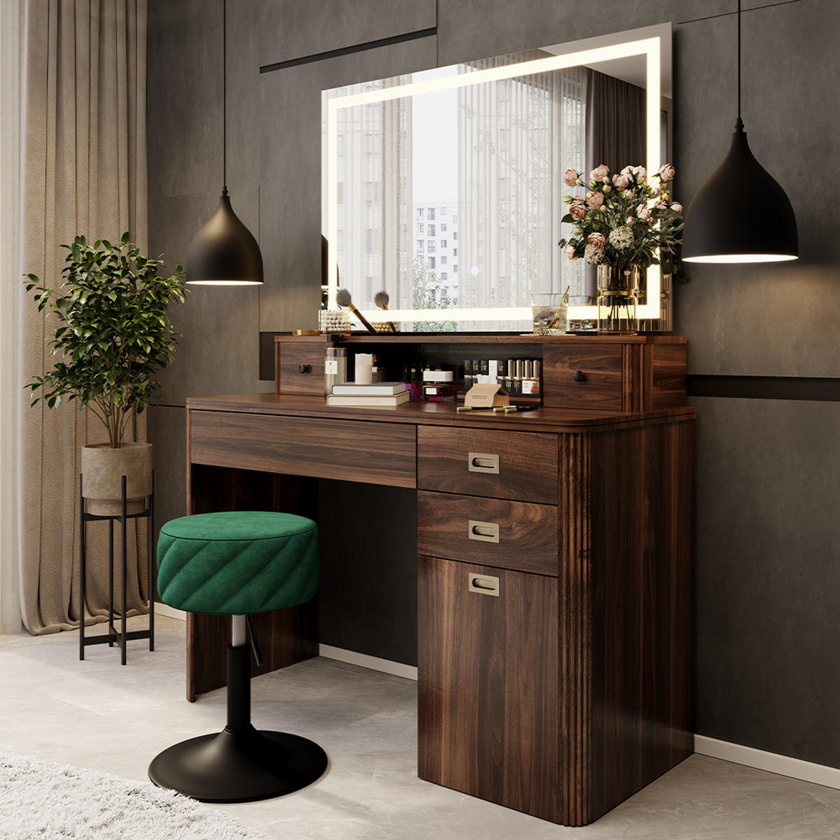 SCHMINKTISCH Neria Eiche rustikal 120 cm mit LED-Spiegel - Wildeiche, Holzwerkstoff (120/93.5/50cm) - Vicco