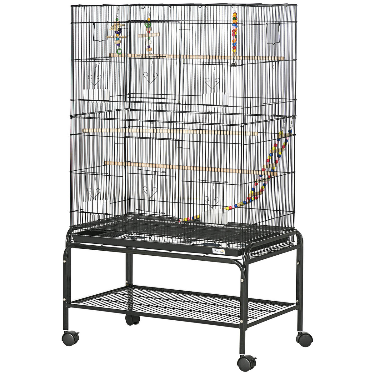 VOGELKÄFIG DE-17814 auf Rollen mit 4 Futterhäuschen & Schaukel Schwarz - Schwarz, Metall (49/133/79cm) - ComfortXL