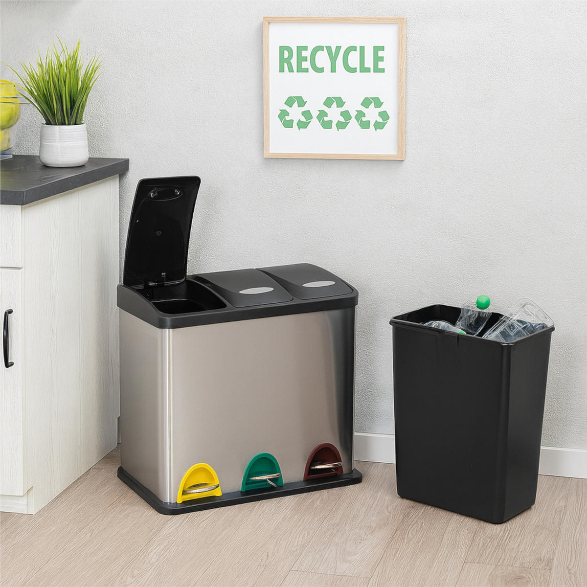 ABFALLSAMMLER 3-tlg. Edelstahl Schwarz 46,5/29,5/65 cm 24L - Silberfarben/Multicolor, Metall (46.5/40.5/29.5cm) - Begryf