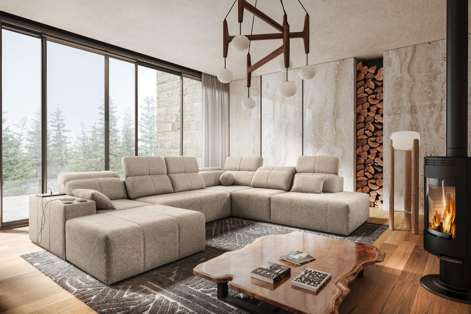 ECKSOFA Multifunktional Mindy X Stoff Verita KaltesBeige Links - Creme, Holz (300/359cm) - Kaiser Möbel
