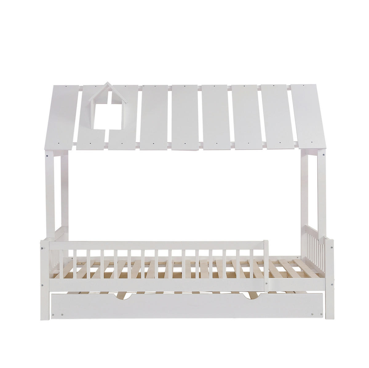 HAUSBETT 120/200 cm in Weiß – mit Dach, Kaminleiste und Rollbett - Weiß, Holzwerkstoff (120/200cm) - BEAOK