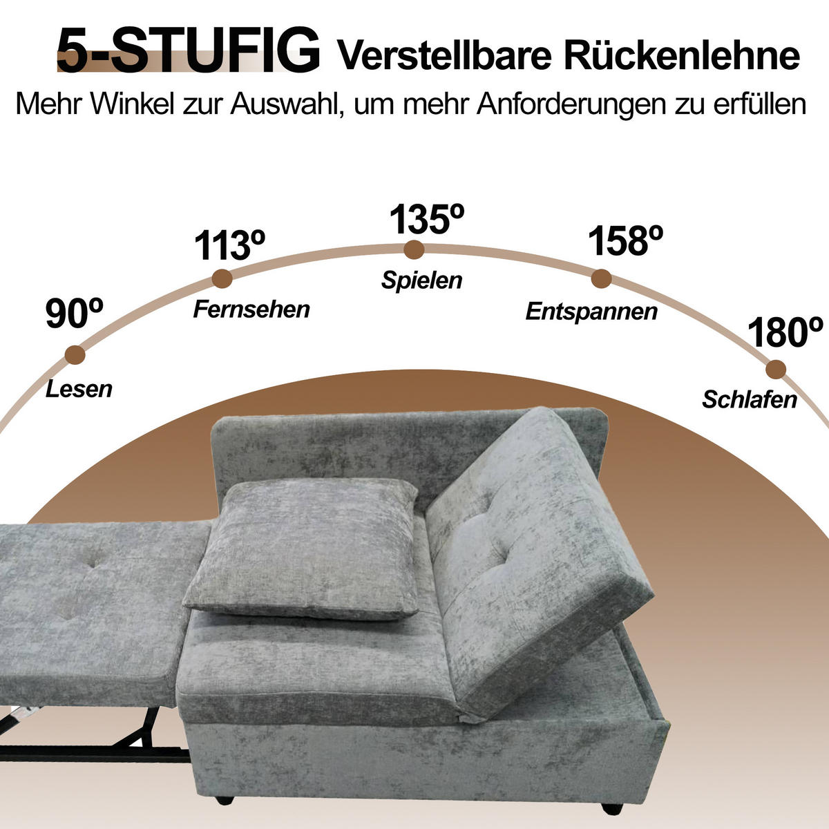 SCHLAFSOFA 3-in-1 Leinen mit 5-fach verstellbarer Rückenlehne Grau 177/68/65 cm - Grau, Textil (68/65/177cm) - Redom