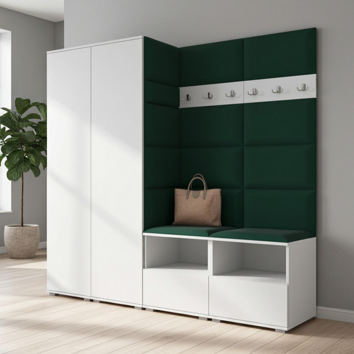 GARDEROBE NELA VI 200 cm (Kompaktgarderobe Weiß mit Sitzpolster Flaschengrün 28 Schrank & Paneel) - Dunkelgrün/Silberfarben, Holz/Holzwerkstoff (200/187/40cm) - Ravio
