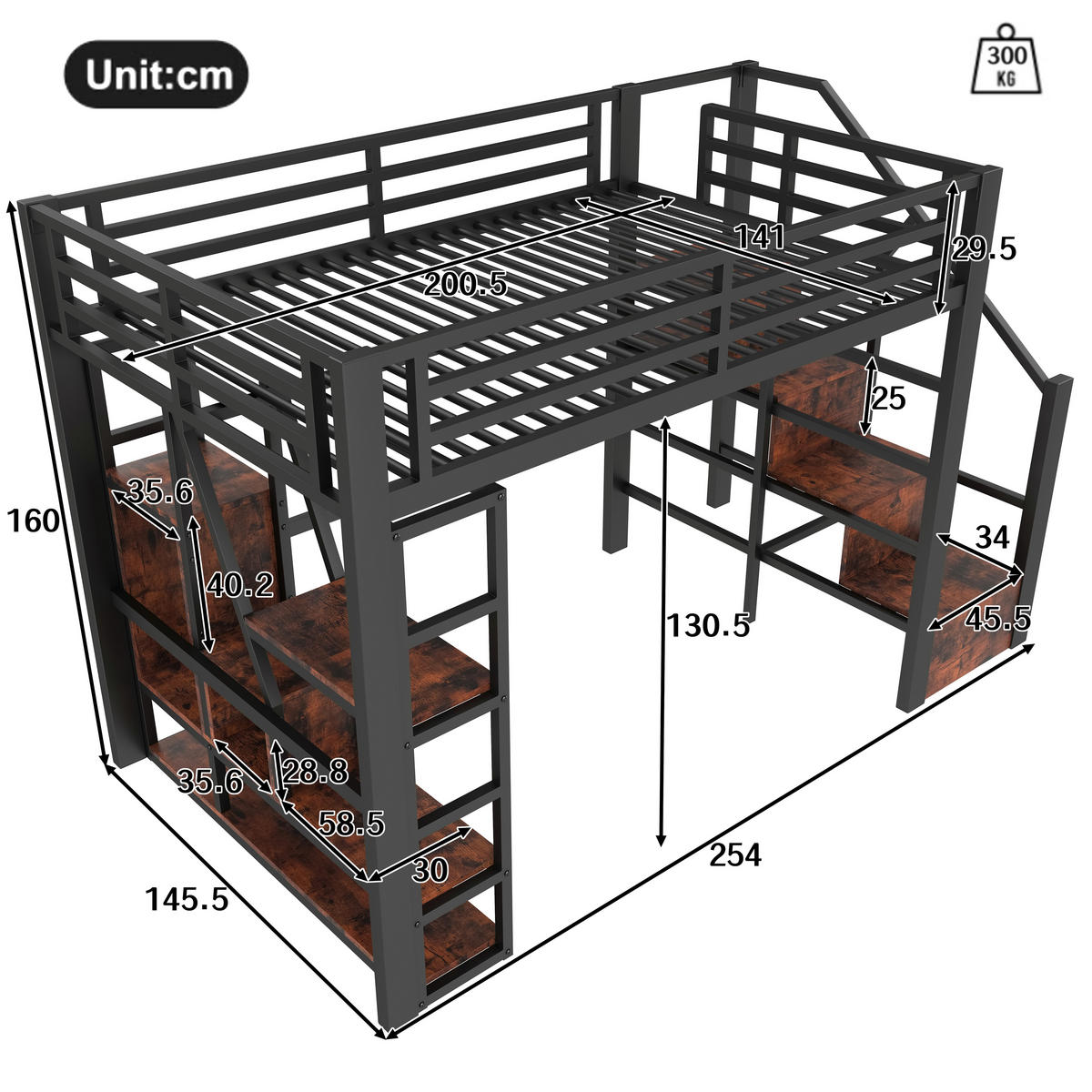 HOCHBETT aus Metall und MDF 140x200 cm in Schwarz mit LED & Stauraum - Rosa, Metall (140/200cm) - Modfu