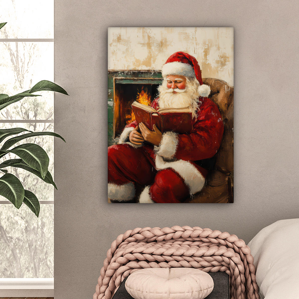 LEINWANDBILD Weihnachten - Weihnachtsmann - Winter - Open Fireside 60x80 cm - Dunkelrot, Textil (60/80cm) - MuchoWow