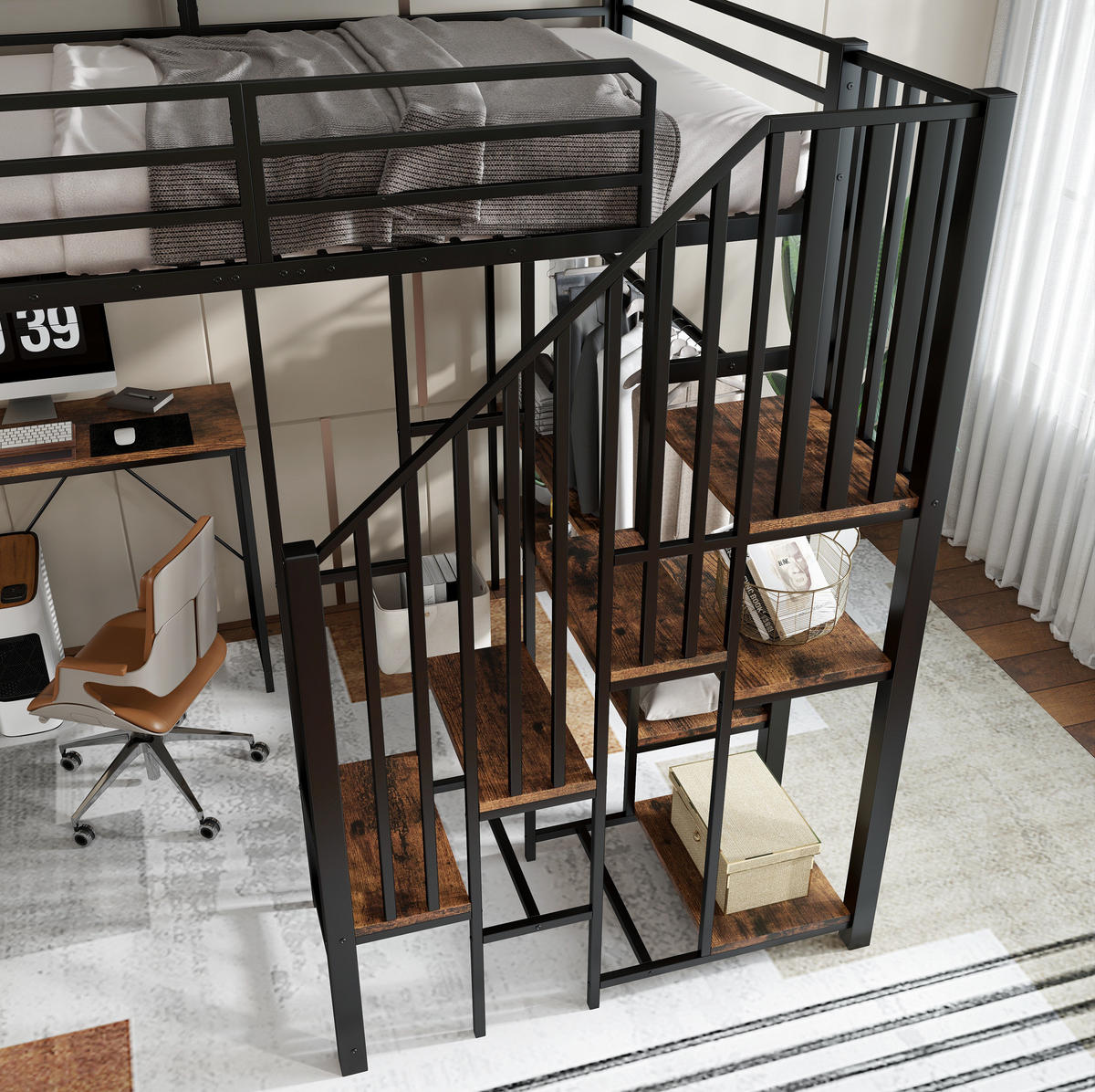 ETAGENBETT aus Metall und MDF 120x200 cm Schwarz mit Schreibtisch, Regal, offenem Kleiderschrank und Eckleiter - Schwarz, Holzwerkstoff (120/200cm) - Modfu