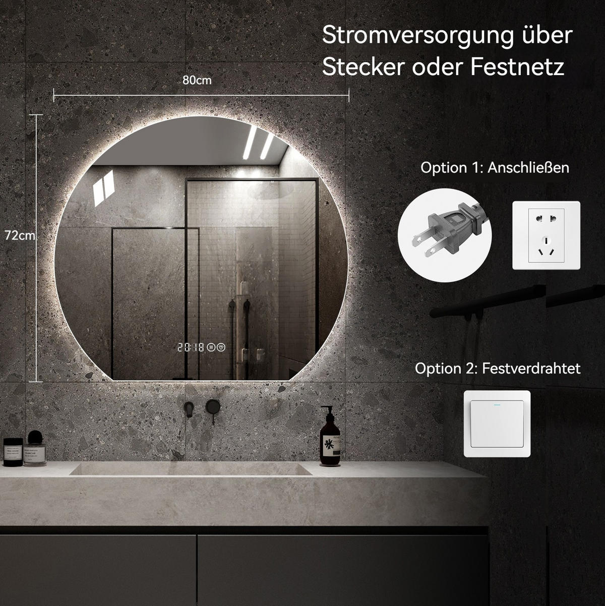 LED Badezimmerspiegel 80x72x2.5cm Silber, dimmbar mit 3 Lichtfarben, Entspiegelung & Smart-Display - Silberfarben, Glas (2.5/80/72cm) - Modfu