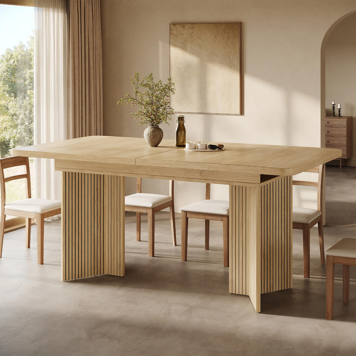 ESSTISCH ausziehbarer Naturholz + Walnuss mit Stauraum und integrierten Fächern 130-160/80/75.5 cm - Naturfarben, Holz/Holzwerkstoff (120/80/76.1cm) - Oxeza