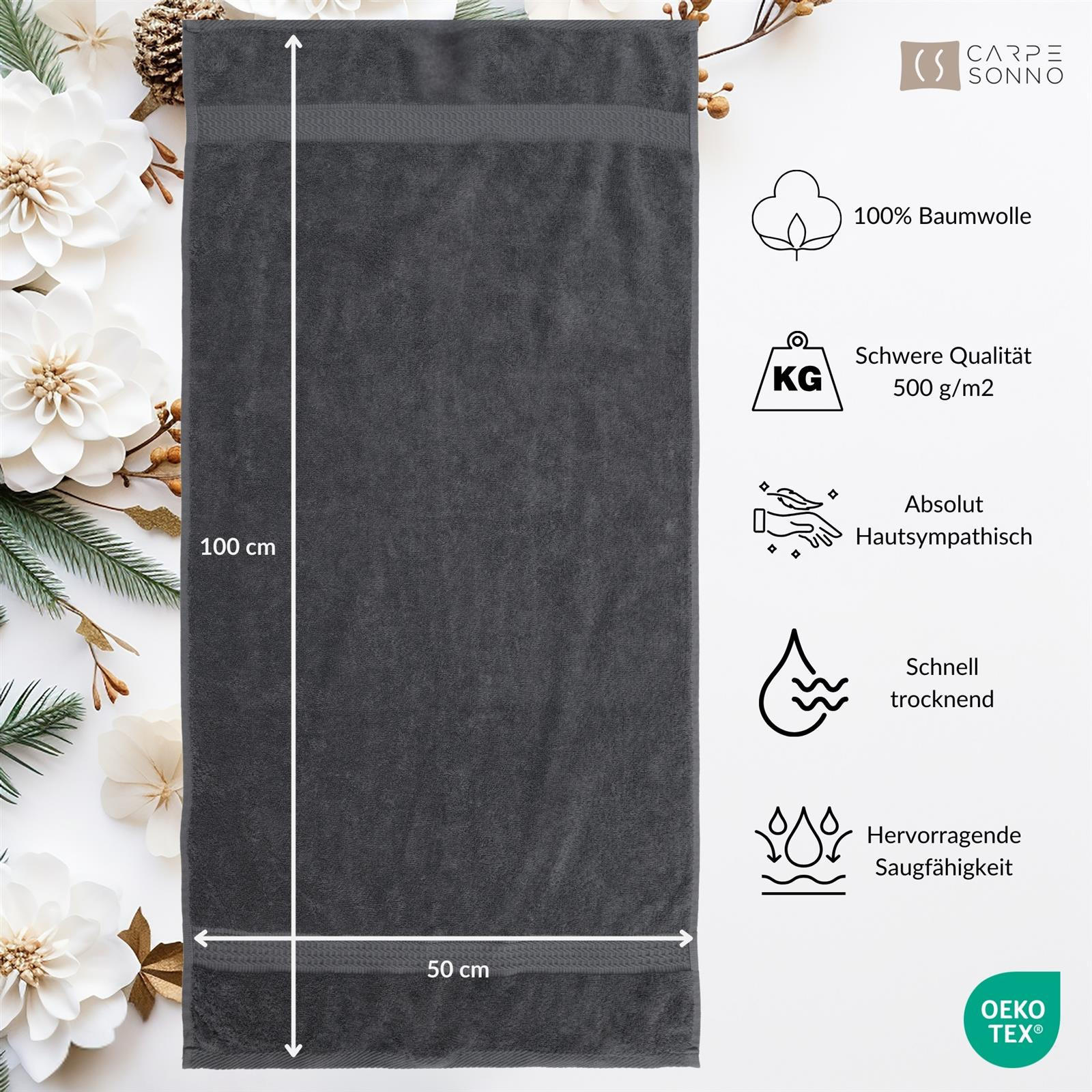 Thumbnail - Carpe Sonno Handtuch, Weiß, Textil, Uni, Rechteckig, 50x100 cm, Oeko-Tex® Standard 100, Badtextilien, Handtücher