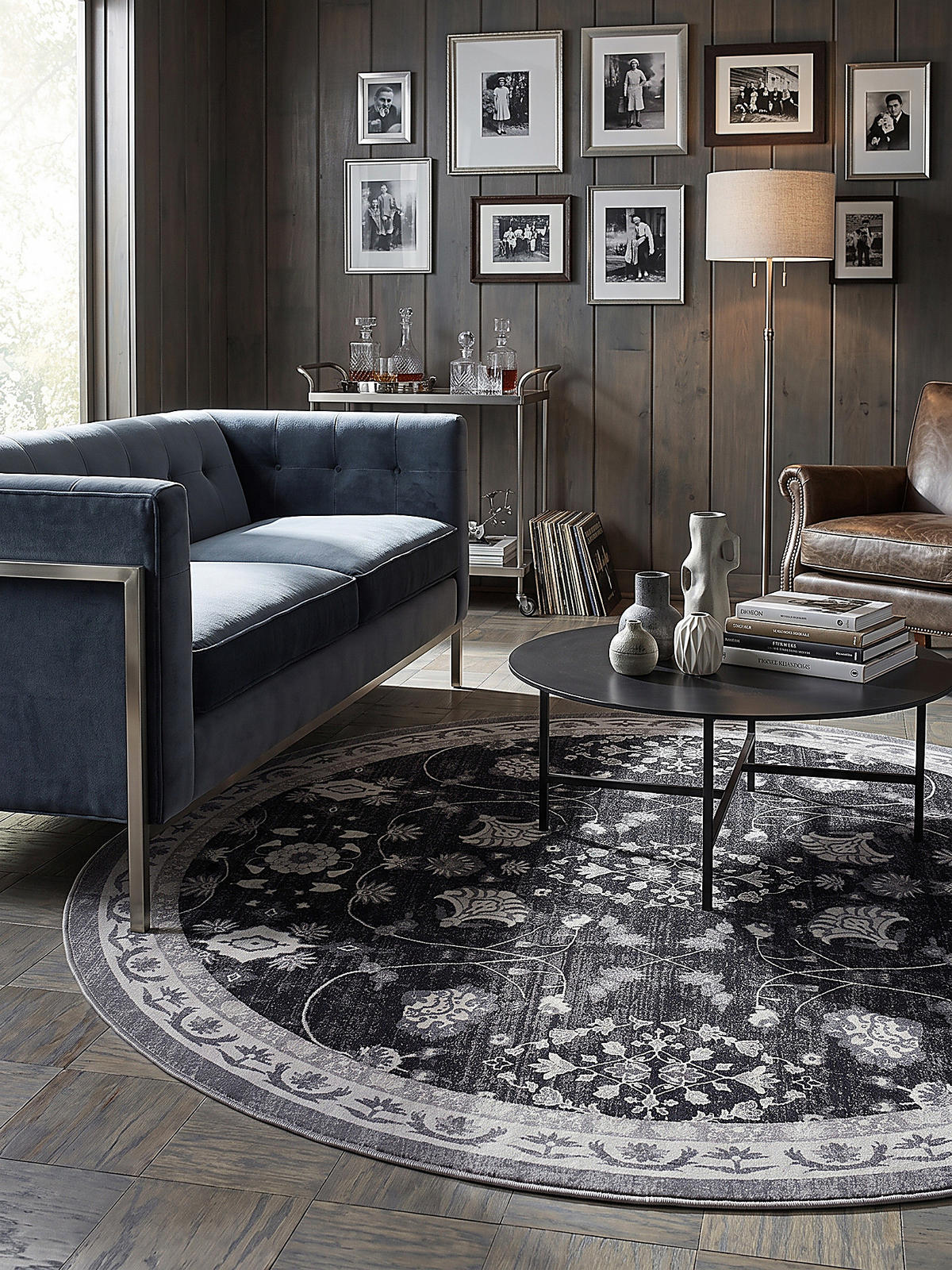 TEPPICH Kurzflor, waschbar, mit floralen Ornamenten, VERNANTE in Schwarz-Creme-Grau, Ø 200 cm - Schwarz, Textil (200/200cm) - KADIMA DESIGN