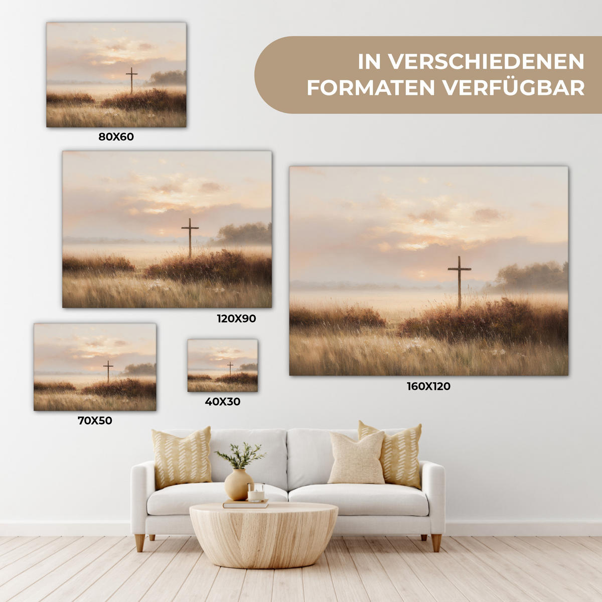 LEINWANDBILD Gras - Morgennebel - Kreuz - Christentum Wandbilder 80x60 cm - Beige, Textil (80/60cm) - MuchoWow