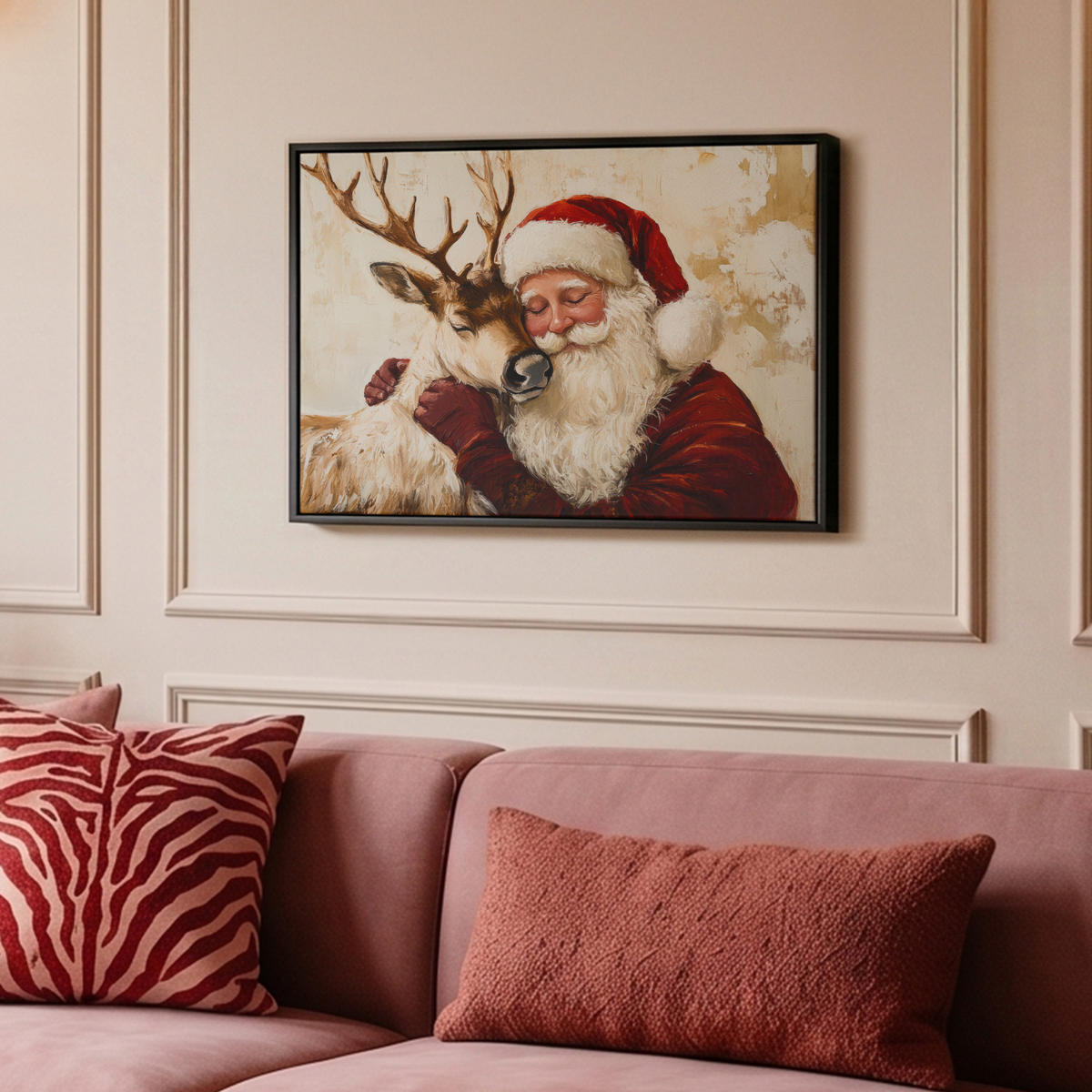 LEINWAND Bilder mit Rahmen - Weihnachtsmann - Rentier - Weihnachten - 60x40 - Rotbraun, Textil (60/40cm) - MuchoWow