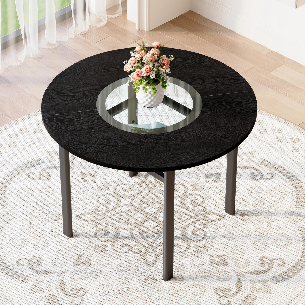 JEDÁLENSKÝ stôl z MDF a skla, priemer 100 cm, čierny s kovovou podnožou - čierna, kompozitné drevo (100/100/76cm) - BEAOK