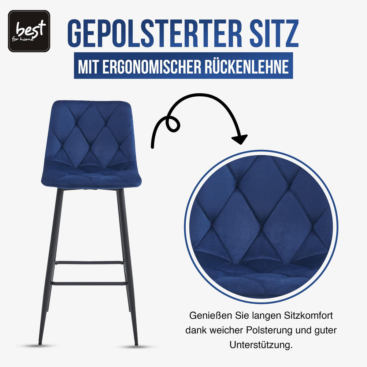 BARHOCKER 4er Set Marineblaues Velours, Gepolsterte Rückenlehne, Bequem Und Modernes Design Für Die Küche Oder Die Theke - Blau, Textil (46/104/33cm) - Best For Home