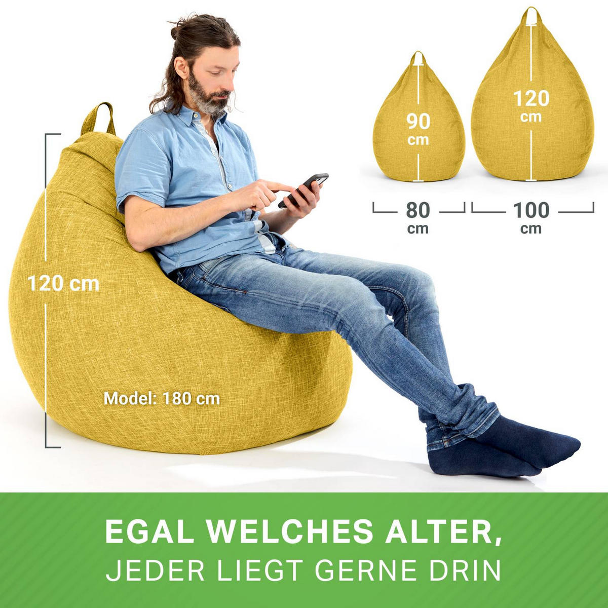 SITZSACK Indoor "Home Linen" - 200 Liter - Gelb, Textil (80/90/50cm) - Green Bean
