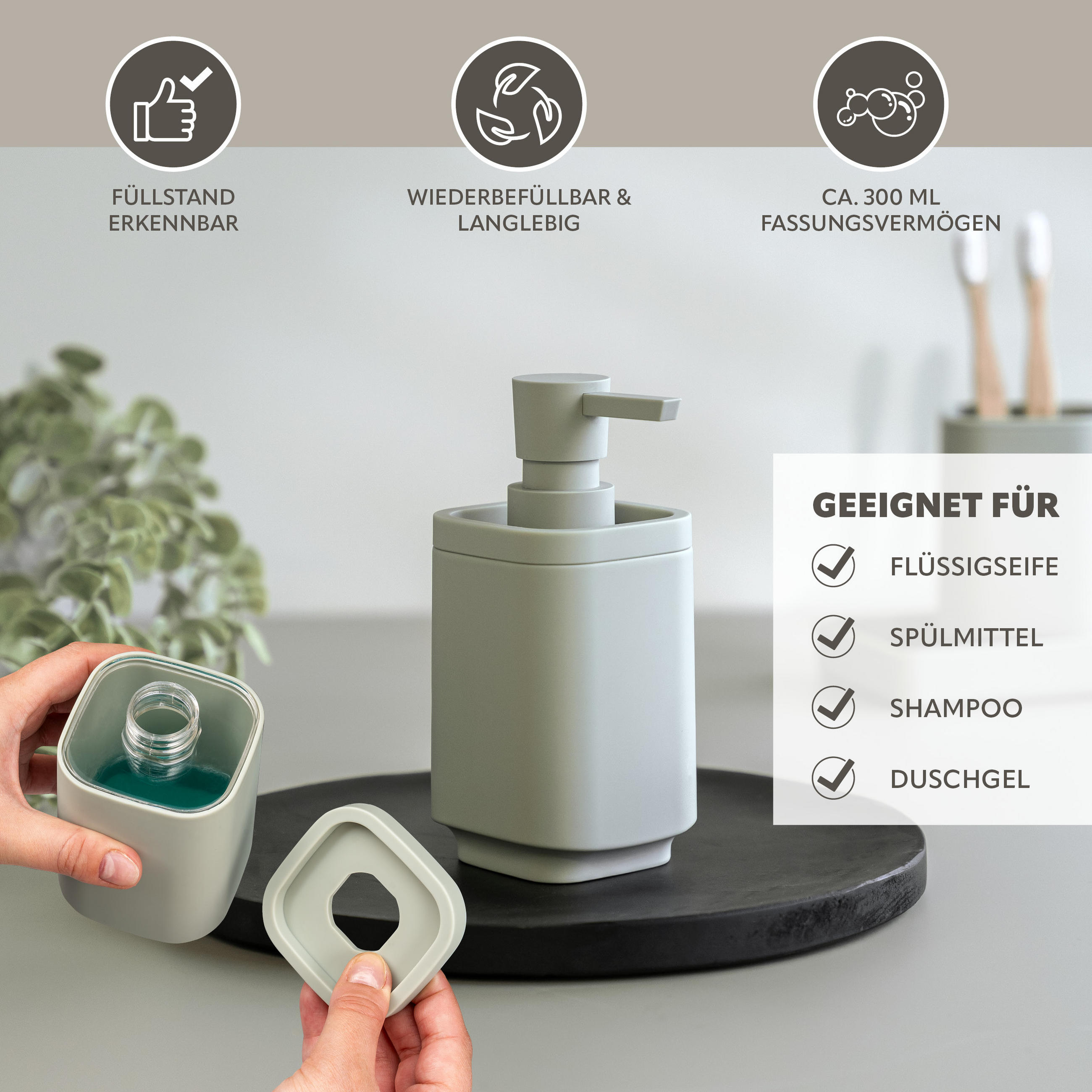 Thumbnail - eluno Bad-Accessoires-Set, Salbeigrün, Kunststoff, 21x25.5x21 cm, Badaccessoires