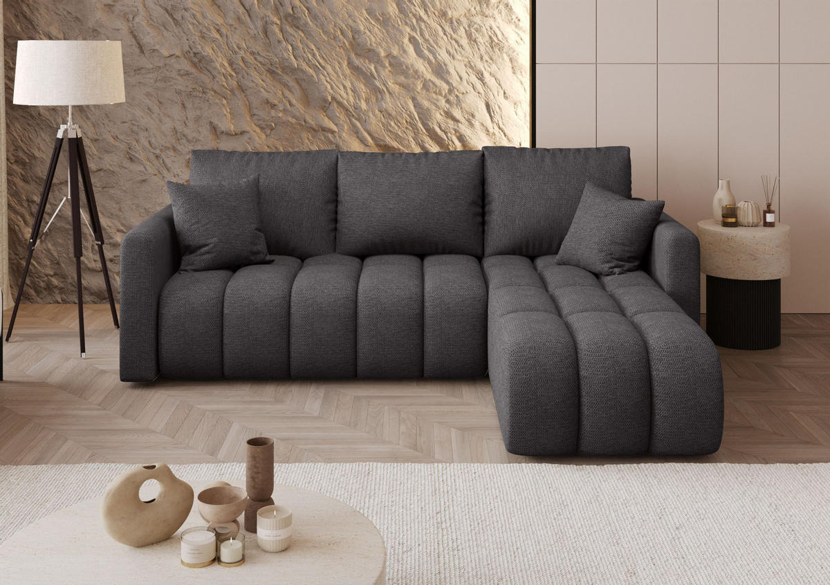 ROHOVÁ pohovka GARDA pravá šedá pletená tkanina Aragon 93 - funkce spaní, úložný prostor - šedá, textil (230/149cm) - Cornero
