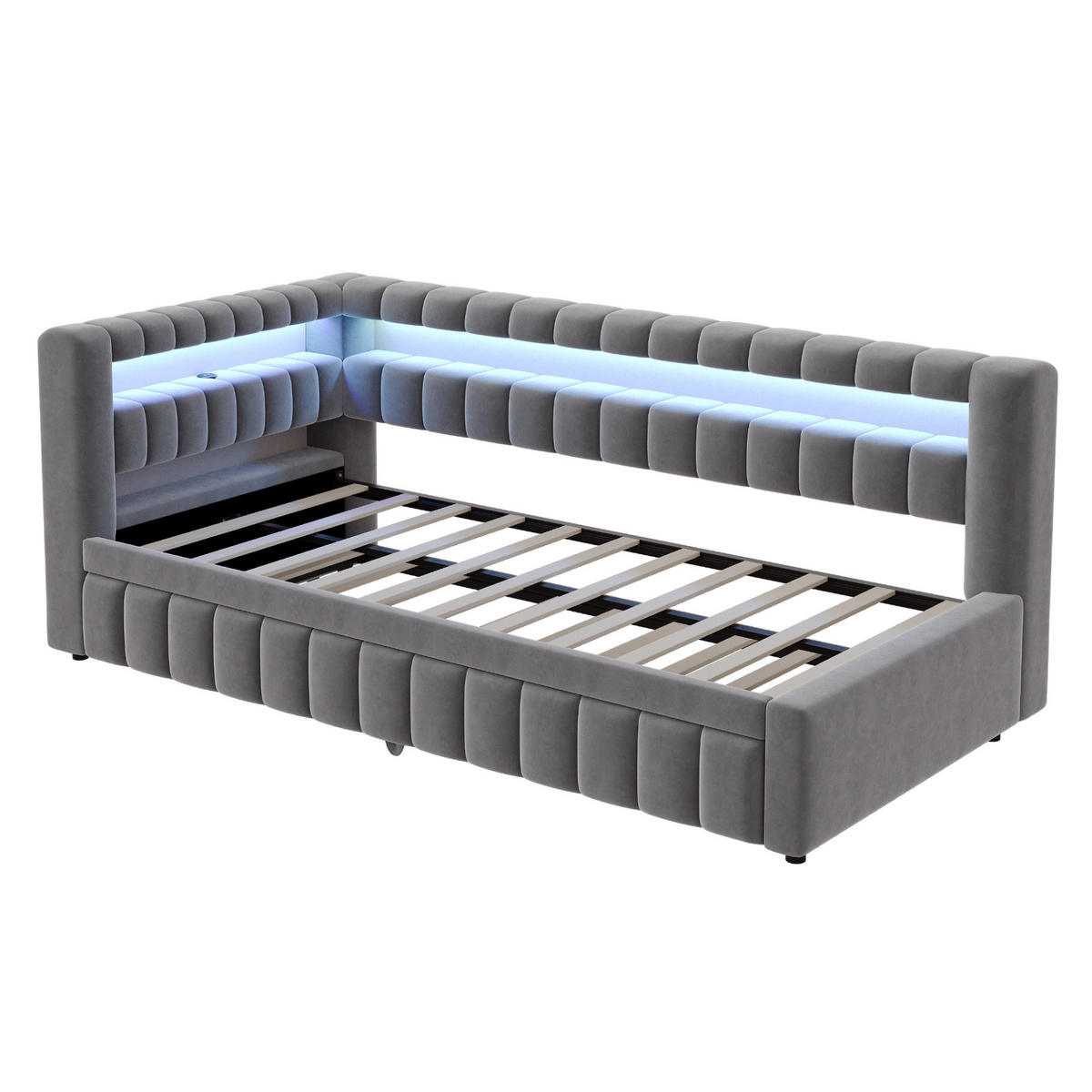 POLSTERBETT 90/200 cm aus Samt mit LED-Beleuchtung, Grau - Grau, Textil (90/200cm) - OKMYHOME