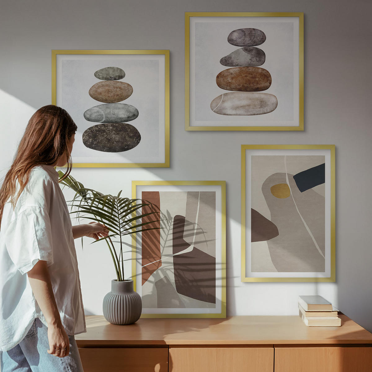 BILDER SET 4er Set - 50x50 cm & 40x60 cm Goldrahmen - Abstrakte Boho-Formen - Goldfarben, Kunststoff (50/50cm) - TULUP