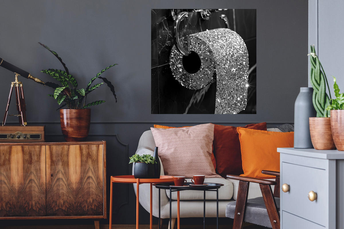 WANDTATTOO WC - Toilettenpapier - Schwarz und weiß - Glitter 50x50 cm - Silberfarben, Kunststoff (50/50/0.1cm) - MuchoWow