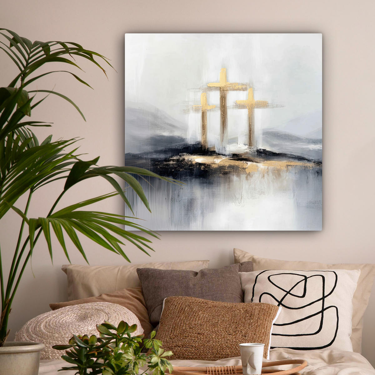 LEINWANDBILD Abstrakt - Malerei - Christentum - Kreuz Deko Groß 90x90 cm - Weiß, Textil (90/90cm) - MuchoWow