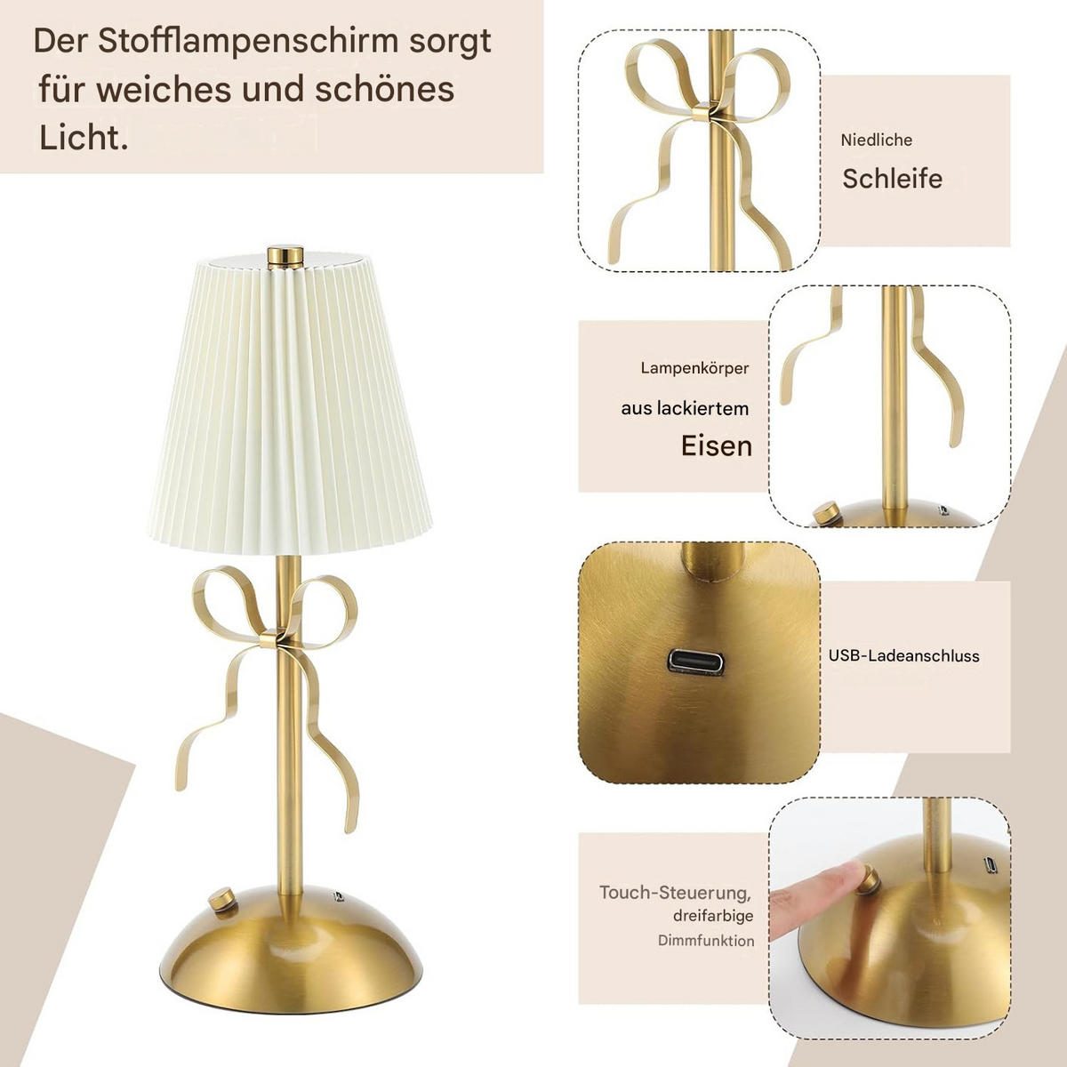 TISCHLEUCHTE Gold Knoten Leinen-Schirm Bohème Stil - Weiß, Metall (10/30/10cm) - Weltevree