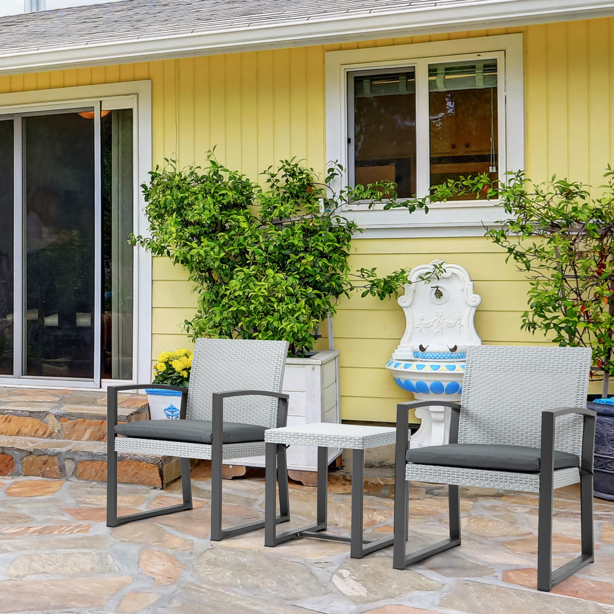 POLYRATTAN Bistroset, 3-tlg., Stahl - Grau, Metall - Outsunny