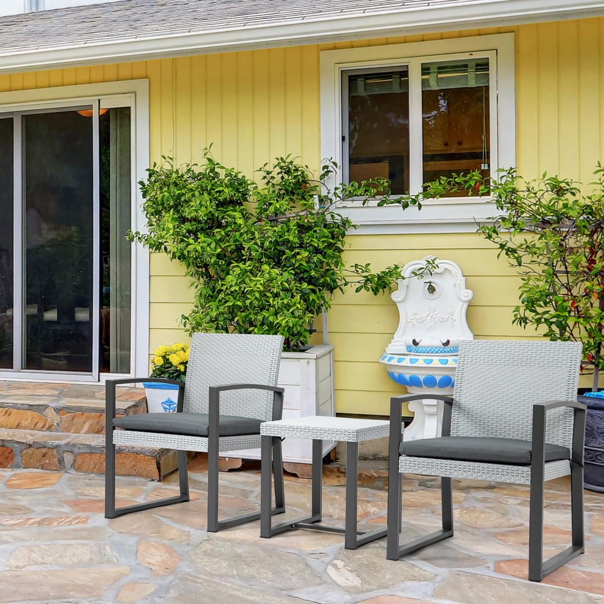 POLYRATTAN Bistroset, 3-tlg., Stahl - Grau, Metall - Outsunny